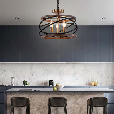 3-Light 15.75"W Antique Gold, Black, and Walnut Ringed Candelabra Convertible Semi-Flush Mount