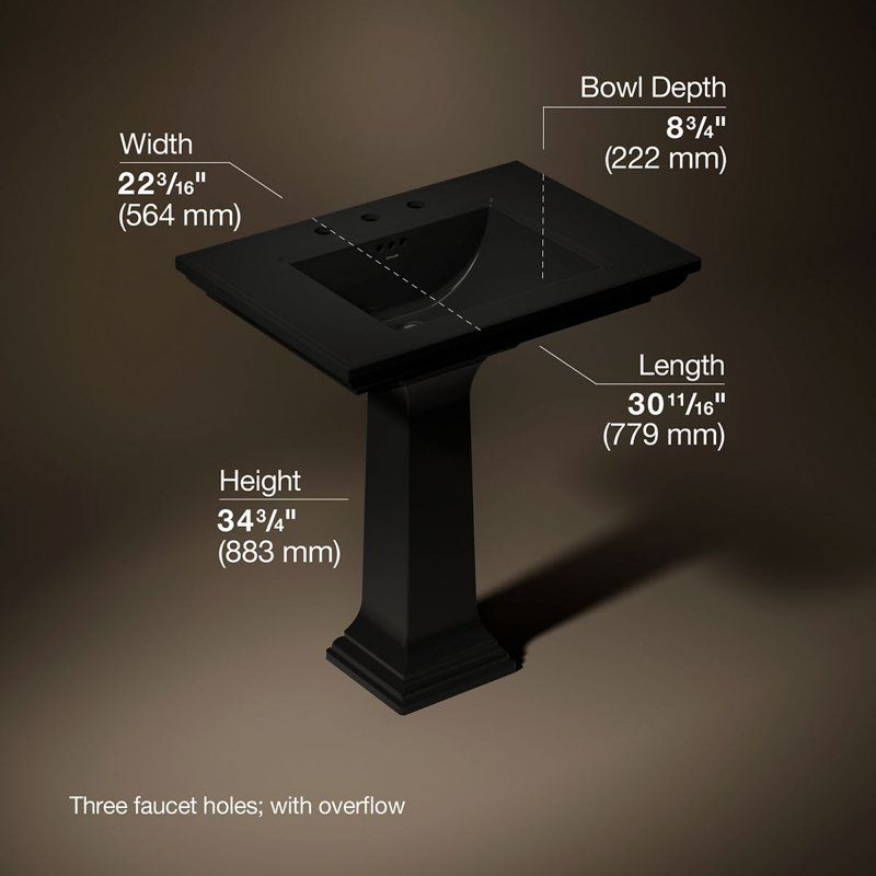 Memoirs® Stately 24" Pedestal Bathroom Sink with 4" Centerset Faucet Holes, Black, 8" Centers, 34.75" H x 22.19" W x 30.69" L