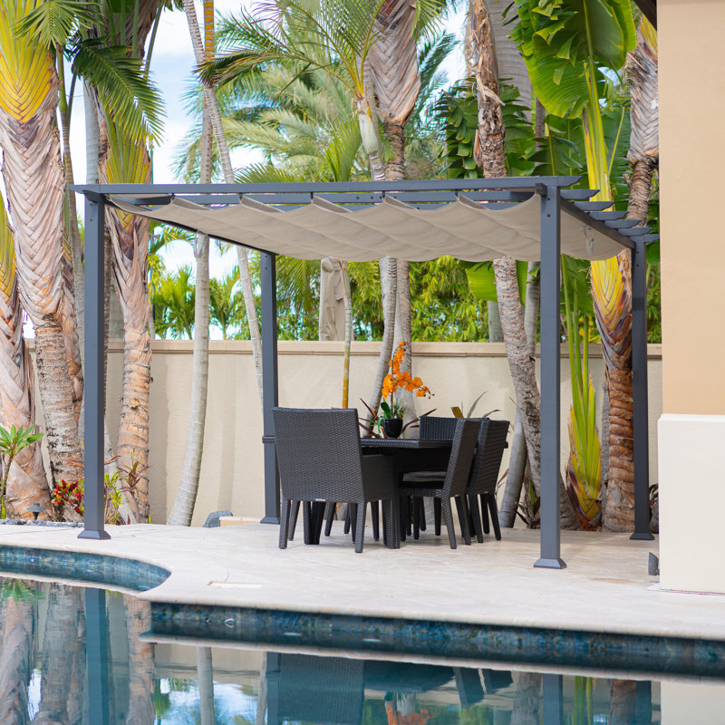 Florence  Aluminum Pergola in Gray Powder-Coated Finish with Adjustable Canopy, Sand, 11 ft. W x 11 ft. D