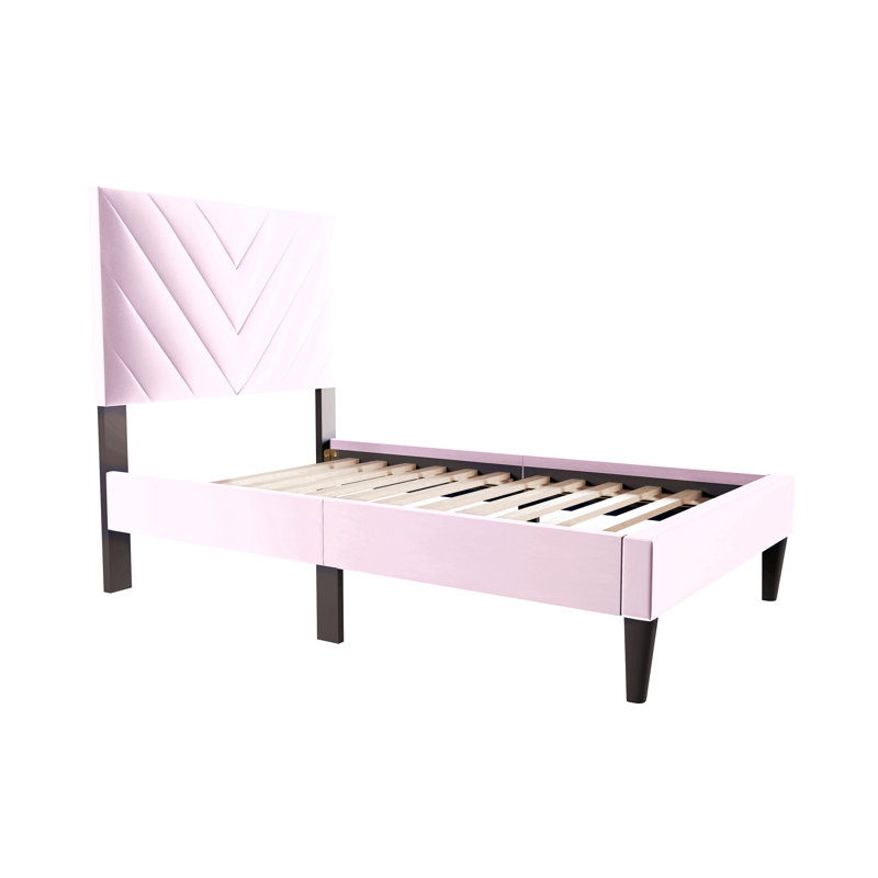 Modern V-Stitching Tufted Design Twin Bed Velvet Upholstered In Light Pink, Light Pink
