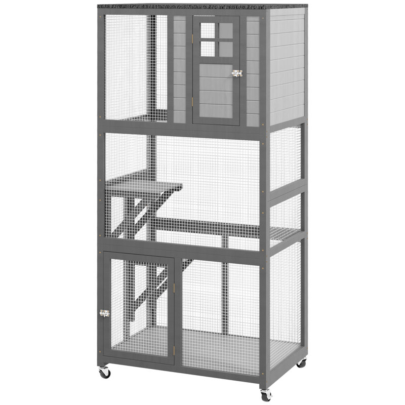 Maisonnette d'extérieur à roulettes en bois pour chat avec cage de chaton Pawhut