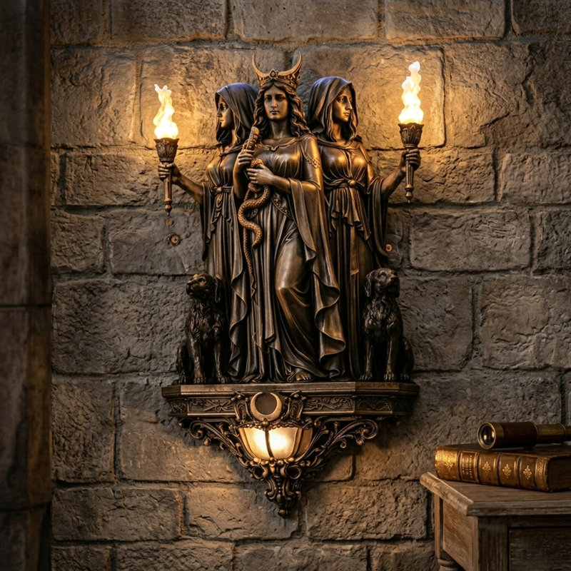 Veilleuse He Illuminates Your Space Hecate Applique murale gothique à DEL avec torche et croissant