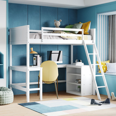 River Loft Bed With Storage Drawers, Desk, And Shelves,  Solid Pine Wood And MDF