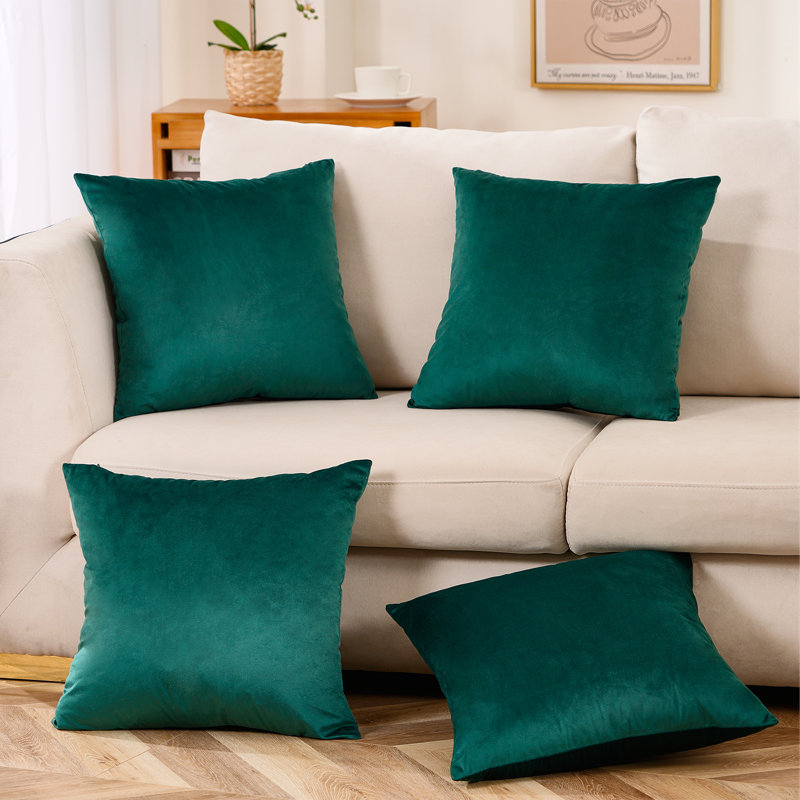 Set Of 4 Throw Velvet Cushion Covers, Dark Green, 20"H x 20"W