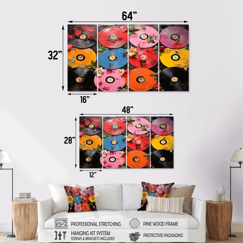 Colourful Vinyle disques Melody - Ensemble de 4 pièces d'art mural, H 28 po x l 48 po