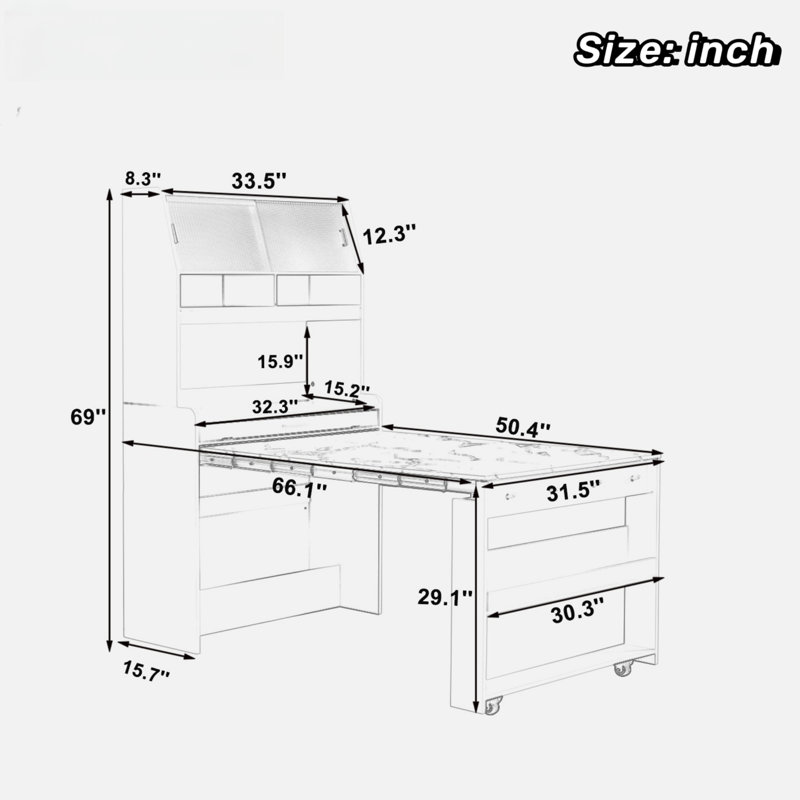 Buffet With Hutch And Foldable Dining Table, Storage Shelves, Side Hooks And A Cabinet With Sliding Doors, Walnut