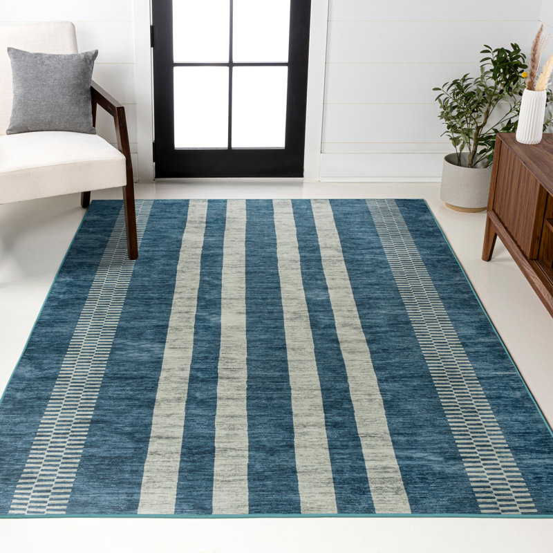 Tapis bleu / crème à rayures géométriques Ventress, Rectangle 8 pi 10 po x 12 pi