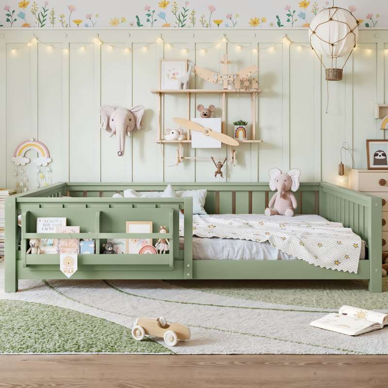 Grand lit avec bibliothèque intégrée et garde-corps de sécurité, lit de rangement, mobilier de chambre à coucher, vert, Queen