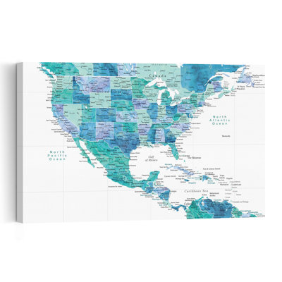 North America Watercolor Map Contemporary Wall Art Print 1 Piece Wrapped Canvas Wall Art
