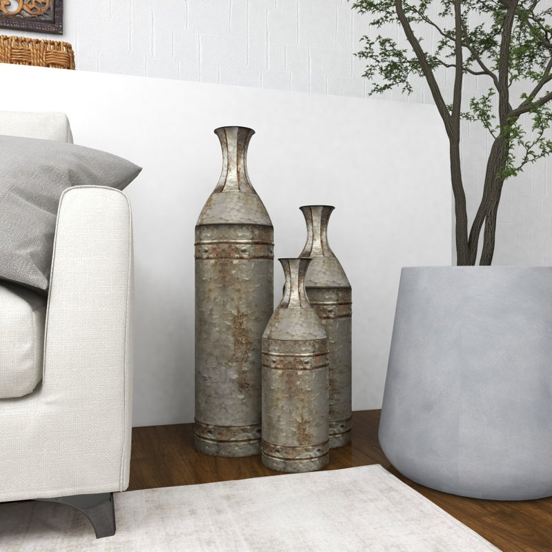 Haroun Metal Handmade Tall Galvanized Floor Decorative Gray Vase with Studs Set
