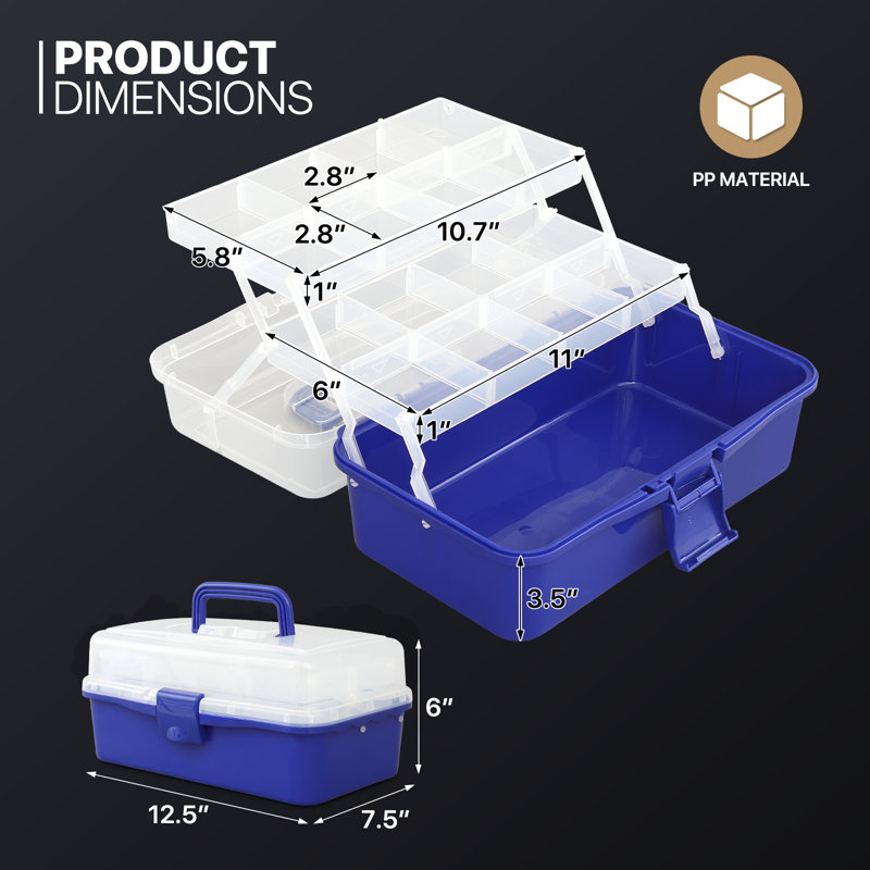 3-Layer Plastic Storage Box Craft Organizer Toolbox Utility Box For First Aid, Sewing Kit, Hardware, Blue
