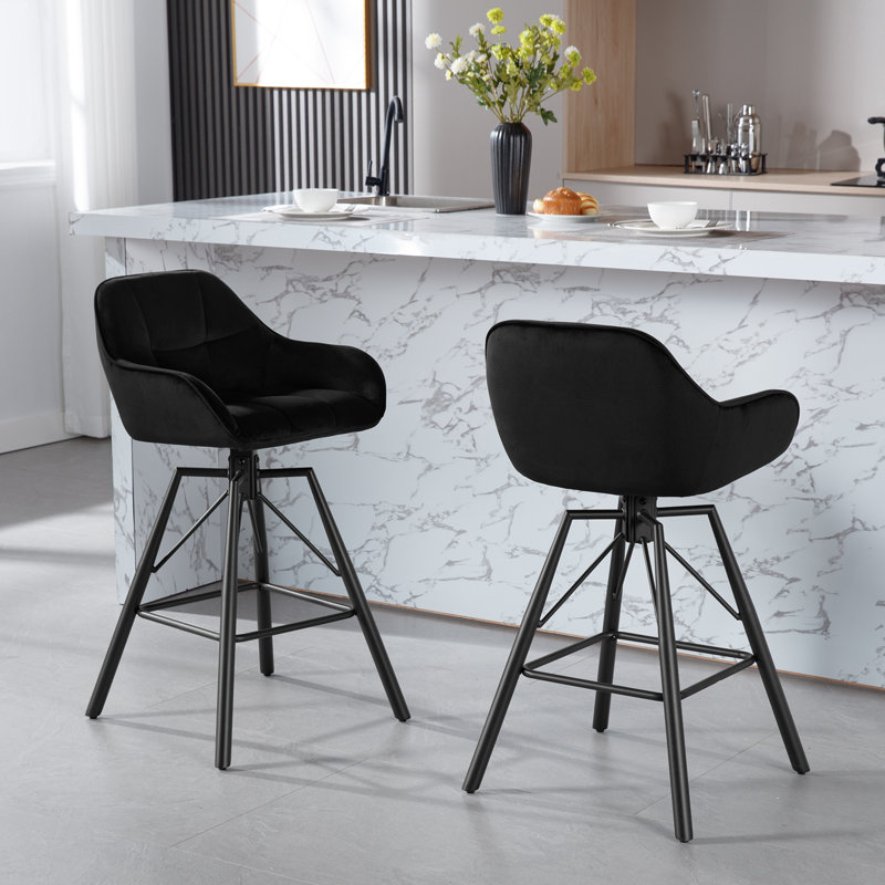 Mukesh Swivel Upholstered Velvet Bar Stool with Steel Frame, Black