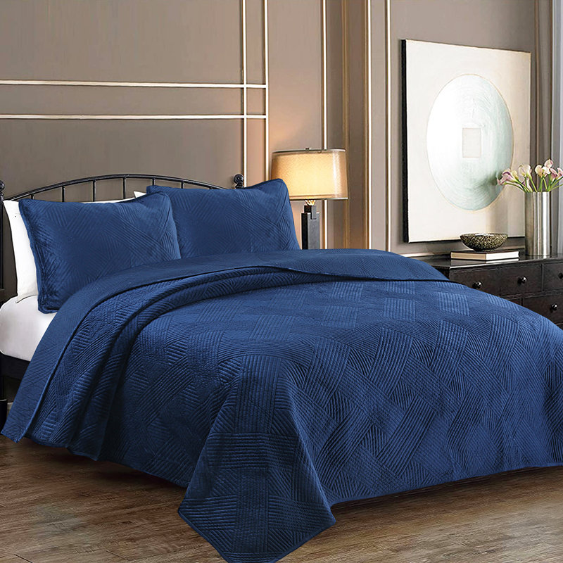 Couvre-lit en microfibre 3 pièces, Courtepointe grand + 2 couvre-oreillers standard, Bleu marine