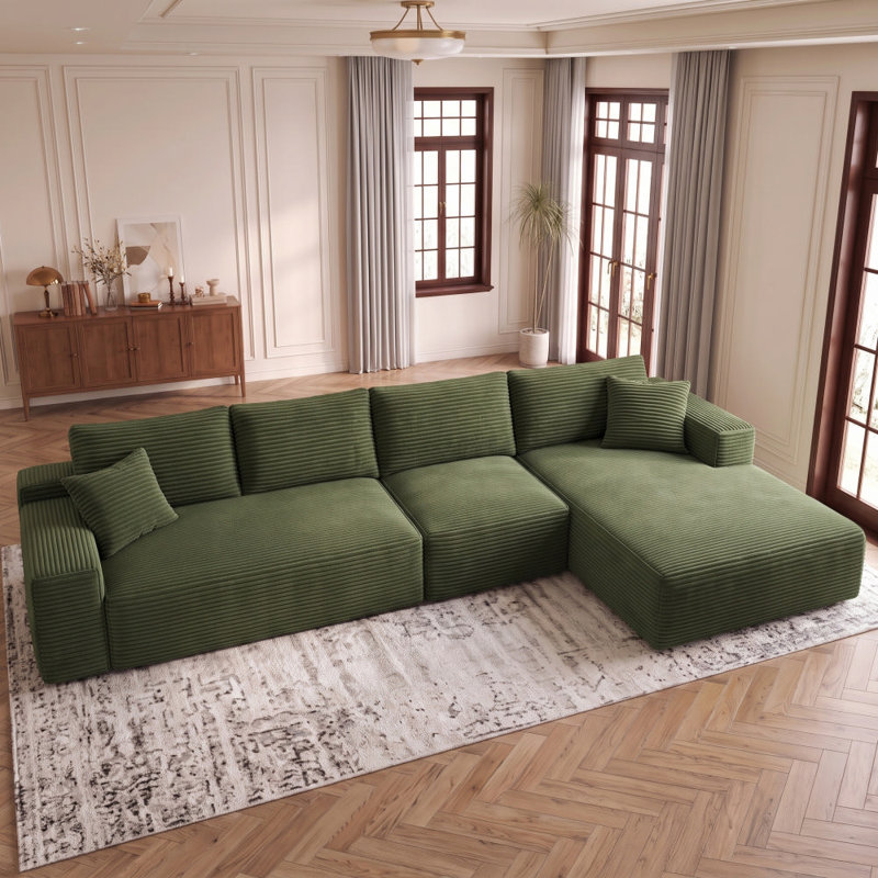 Canapé modulaire 135,4 po pour salon modulaire en L en velours côtelé rembourré à compression, Velours côtelé vert