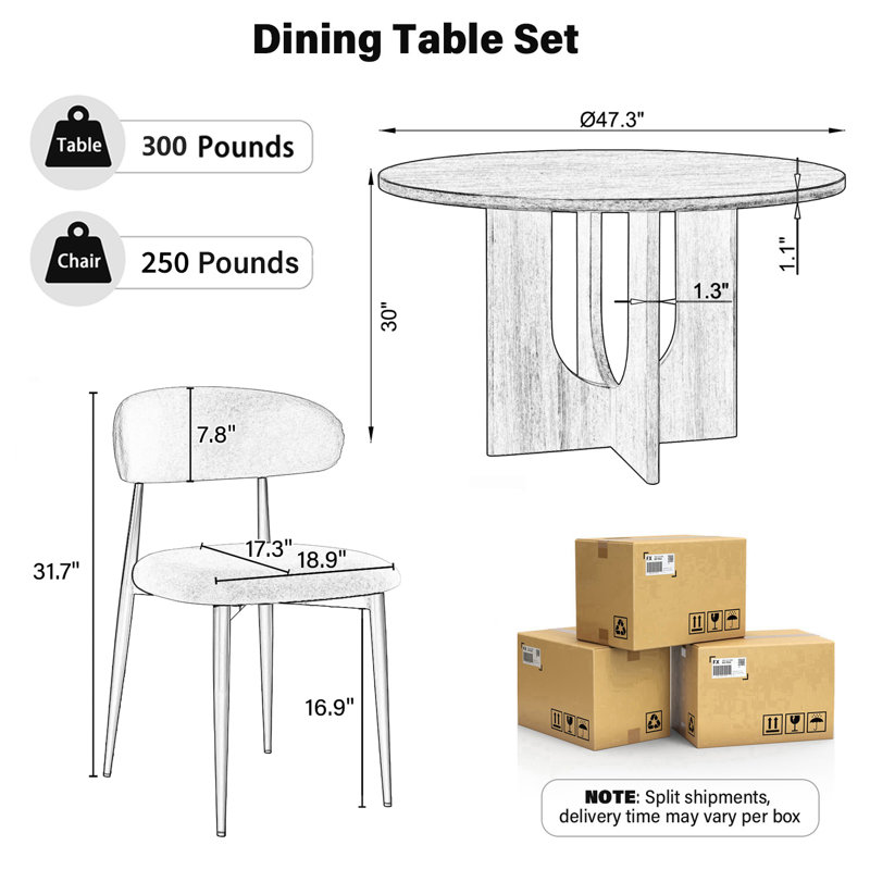 Wooden Round Dining Set for 4-6, Mid-Century Modern Kitchen Table and Linen Upholstered Chair for Dining Room, Natural, Black