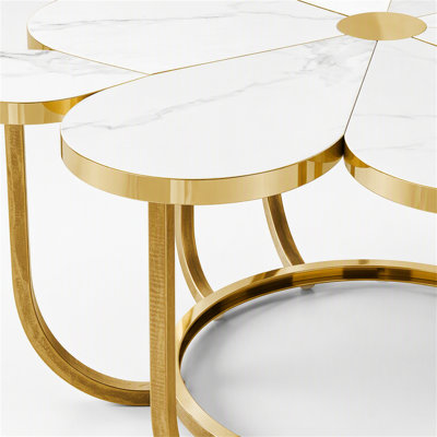 Modern Coffee Table, Flower-Shaped Center Table with Faux Marble Tabletop