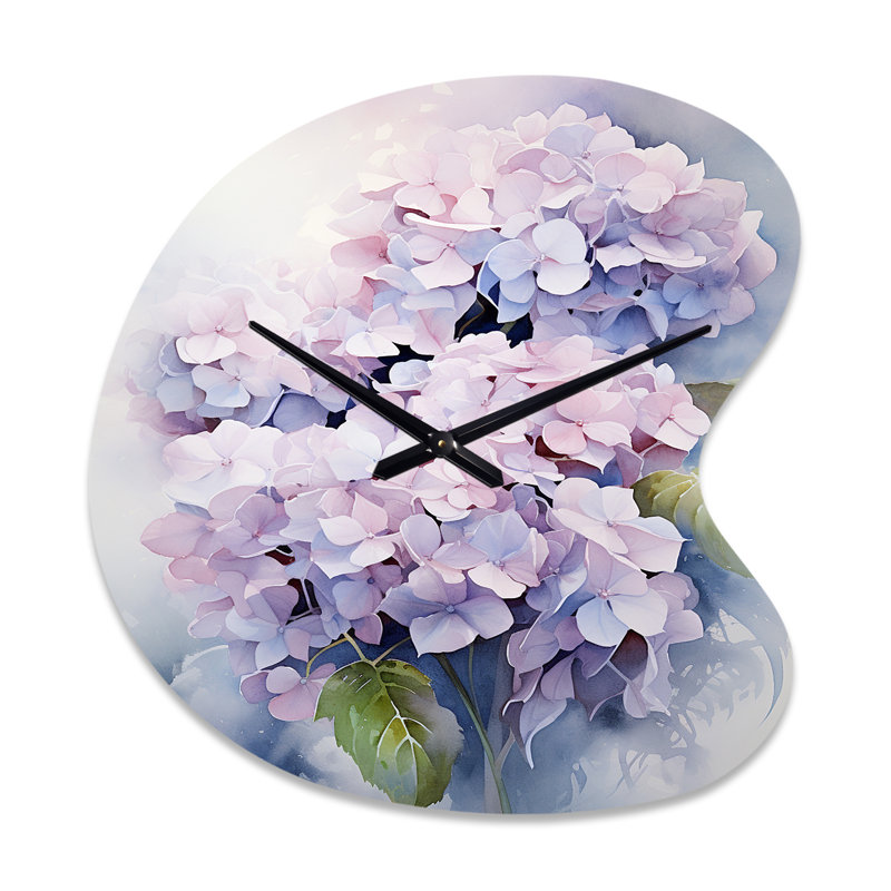 Purple Hydrangea Graceful Whispers - Hydrangea Asymmetrical Metal Wall Clock, Purple Unique Shape Metal Clock Print, Large