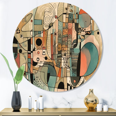 Golden Mid Century Boho Drawing - Abstract Minimalism Round Wall Art on Metal