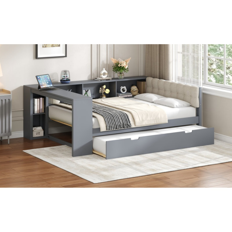 Spacious Wooden Beds With Storage, Upholstered Headboard, Modern Gray