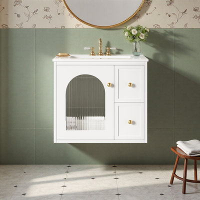 Ensemble de meuble-lavabo mural 24 po pour petit espace, armoire de salle de bain avec lavabo en céramique, 2 tiroirs et 1 porte à fermeture en douceur