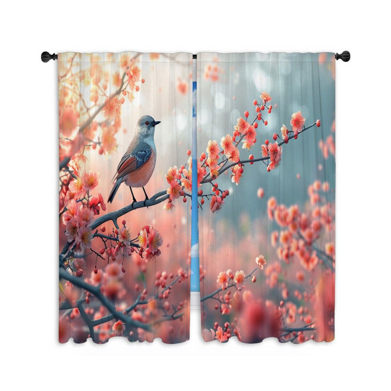 Bird Wildlife Cherry Room Darkening Curtain Pair, 20" W x 84" L