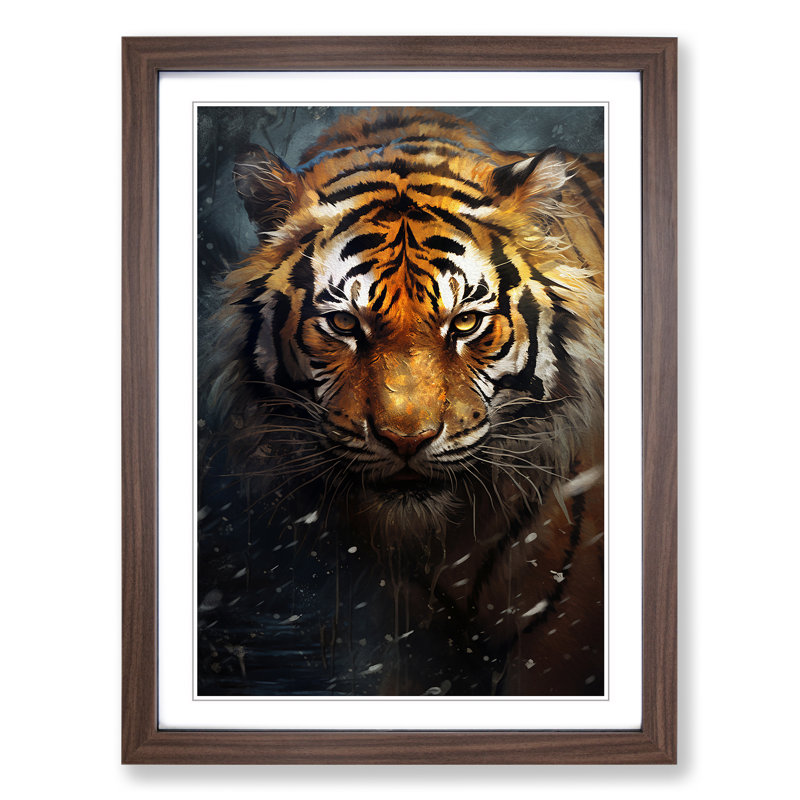 Tiger Modern - Single Picture Frame Print on Wood, 34cm H x 25cm W, Walnut Framed