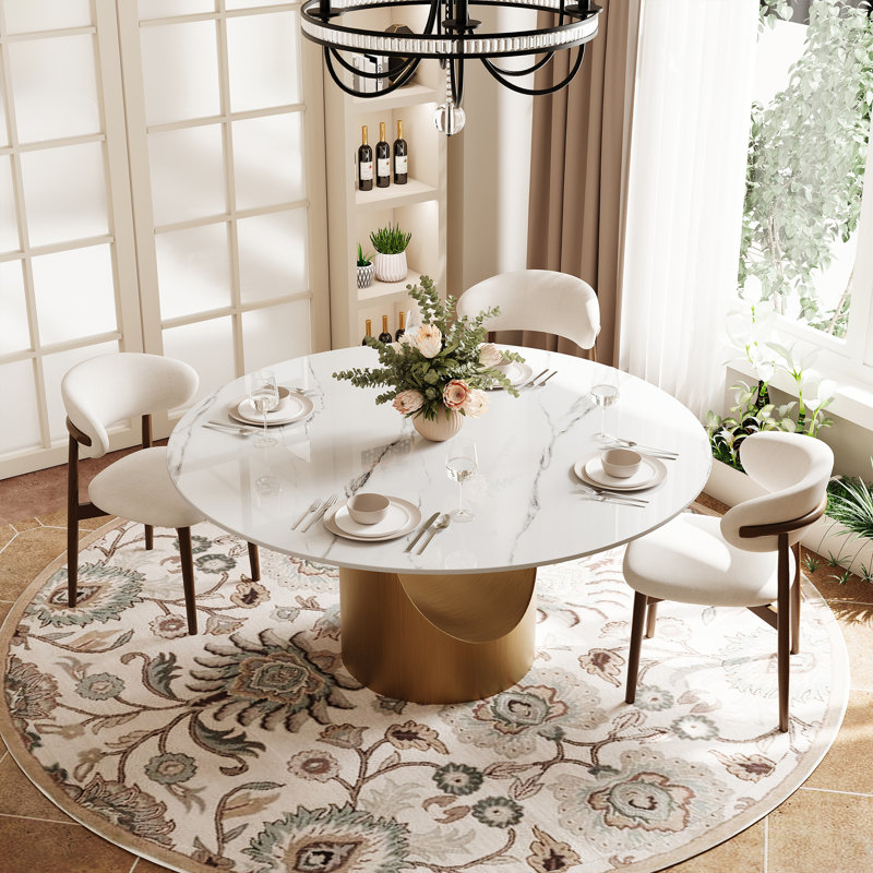 7PCS Modern Dining Table Set, 59" Round Dining Table with 6pcs Dining Chairs, White