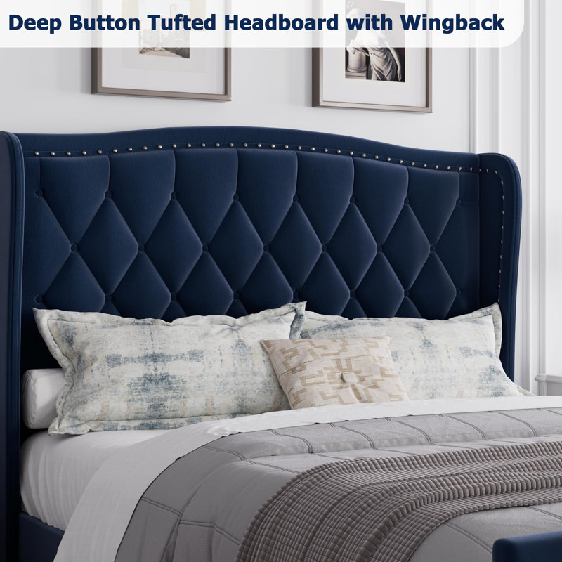 Full Size Bed Frame, Velvet Upholstered Platform Bed with Wingback Headboard, Wooden Slat Support, Blue, Full