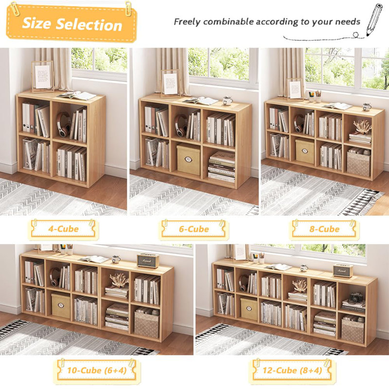 8-Grid Cube Storage Bookcase, Simple Compartment Open Bookshelf, Oak Colour