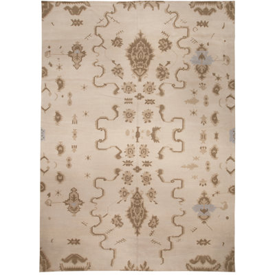 Tapis moderne en laine beige fait à la main Oushak 12 pi 2 po x 17 pi Modern