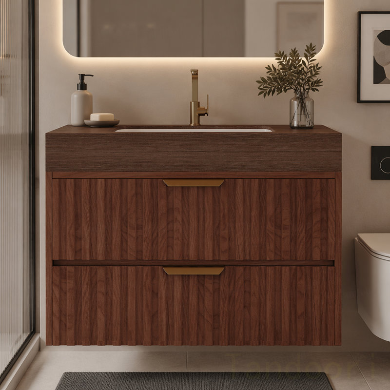 Meuble-lavabo flottant moderne avec plateau en pierre frittée et lavabo en céramique Modern, Dark Brown