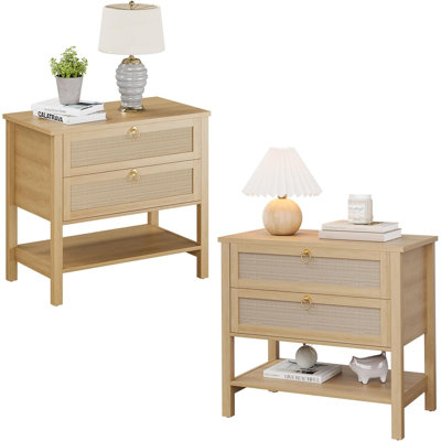 Ensemble de 2 tables de chevet, table de chevet en rotin avec tablette de rangement à tiroirs, table de chevet étroite, table de chevet moderne de style Mid-Century pour le salon de la chambre à coucher