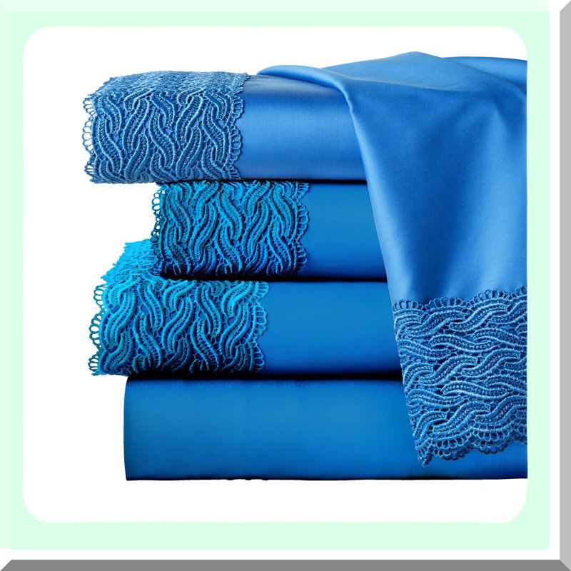 Brilliant Blue Bridal Lace Oversized Sheet Set - Twin X-Large - 300TC Combed Cotton - Luxurious Bedding - Wedding Collection - Elegant Design