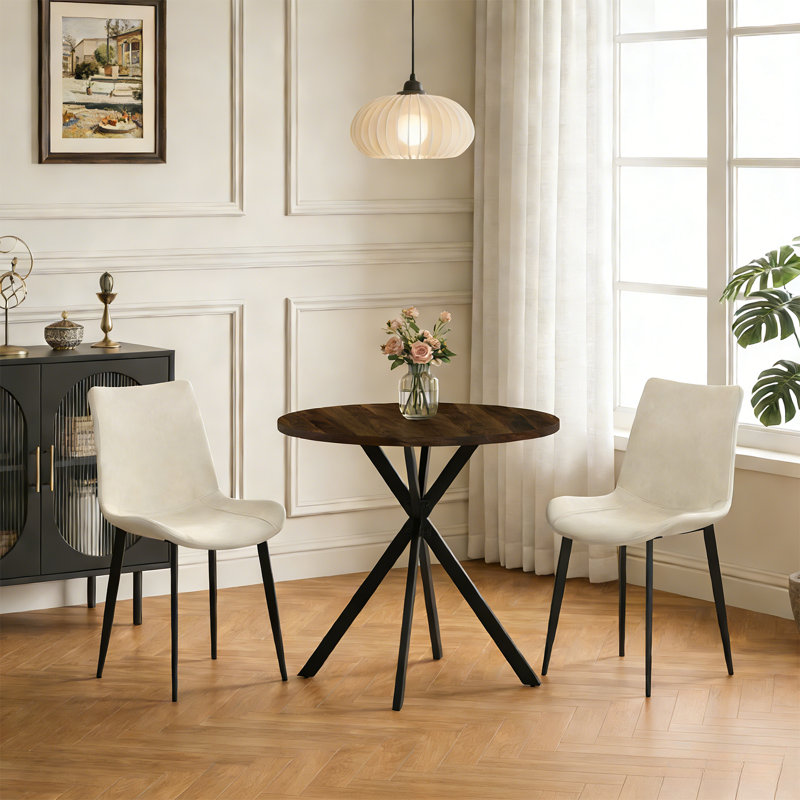 31.5 Inch Dining Table And Chairs For 2, Mid Century Modern Round Table Set, Space Saving For Apartment Kitchen Dining Room Walnut Table &2 Beige Chairs