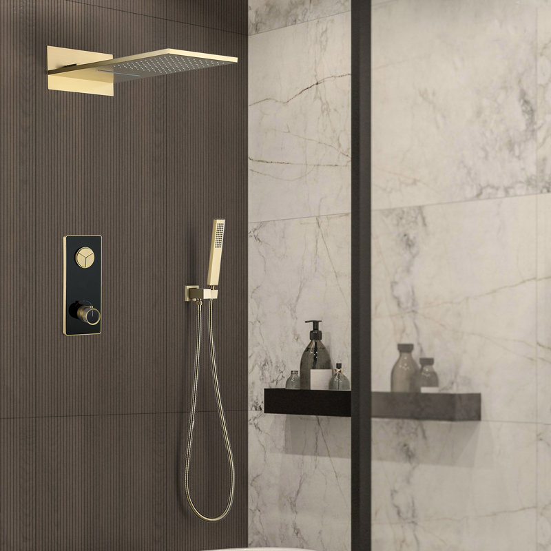 Système de douche thermostatique complet fixhd avec trois fonctions brutes dans la valve et pommes de douche à effet pluie