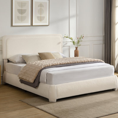 Queen Upholstered Cloud Bed Frame with Adjustable Boucle Fabric Headboard, Wood Slat, Low Profile