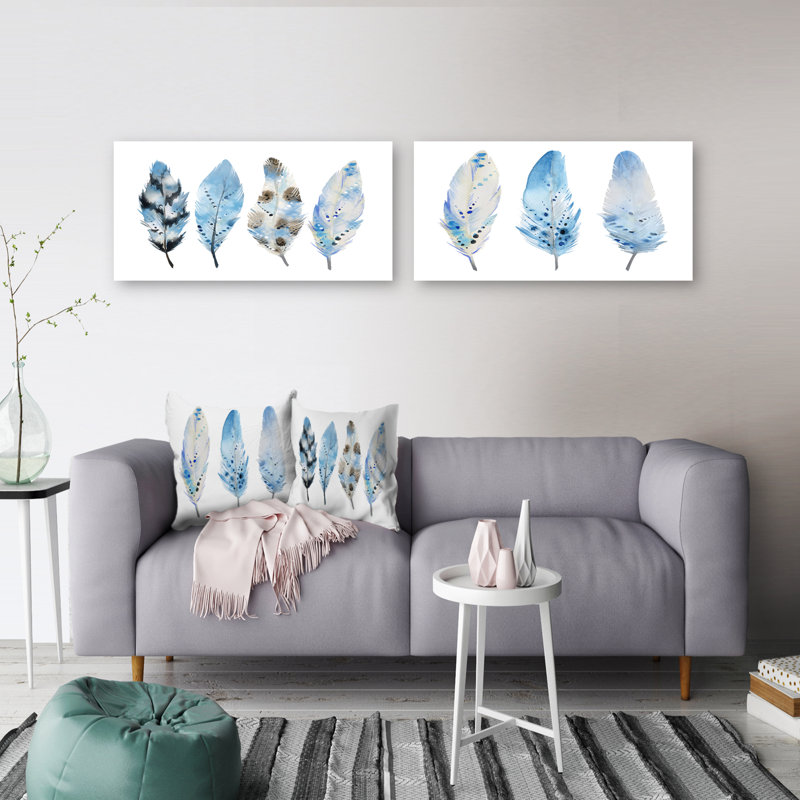 Blue Boho Feathers - Blue Boho Feathers - Ensemble de 2 peintures sur toile tendue, H 16 po x l 64 po x P 1 po