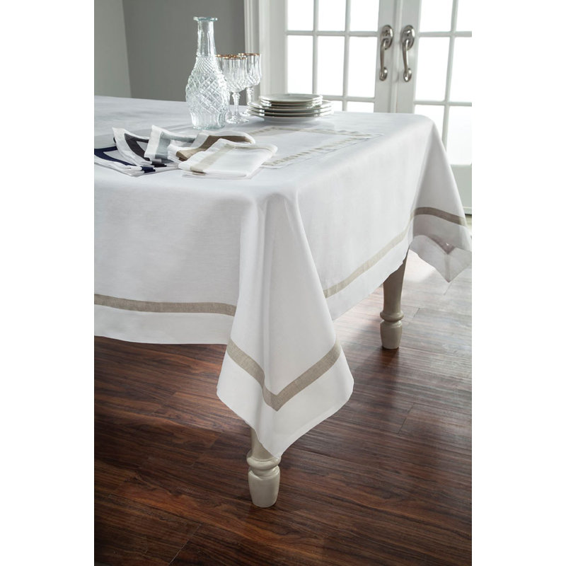 Fino Linen Tablecloth, White/Navy, 90" L x 72" W