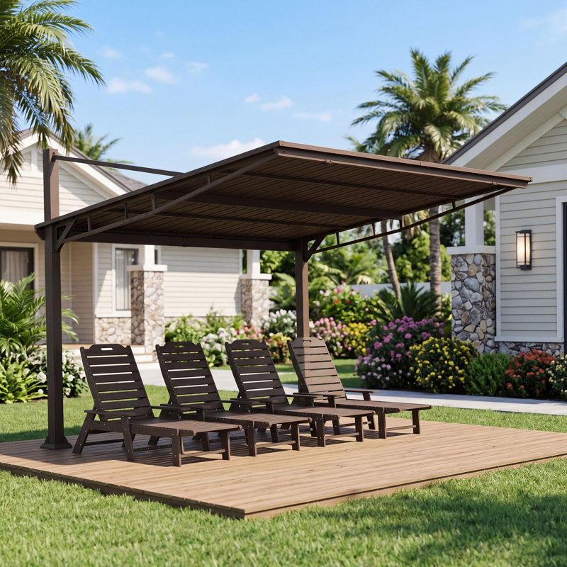 Domi 12x10 FT Hardtop Gazebo, Freestanding or Wall Mounted Metal Pergola, 12 ft x 10 ft, Brown