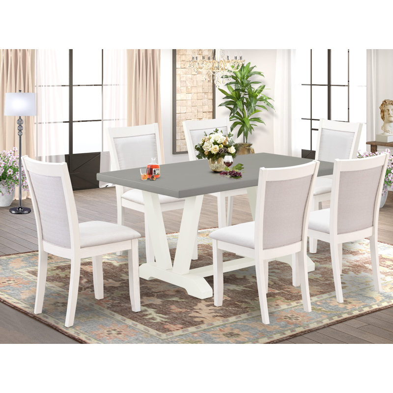 7-Piece Rectangle Wire Brushed Solid Wood Top Dining Table with 6 Chairs with Lattice Back, Cream