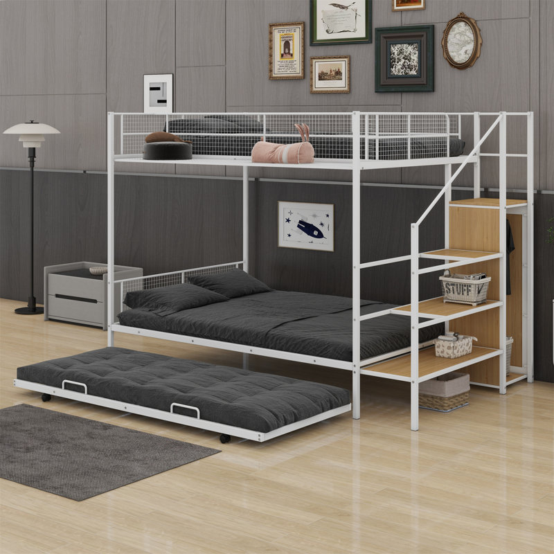 Lit superposé en métal avec lit gigogne, échelle de rangement latérale et garde-robe, Blanc