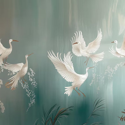 Oriental Flying Cranes Wall Mural, Teal Chinoiserie Bird Wallpaper, Elegant Nature Art For Living Room Bedroom Office