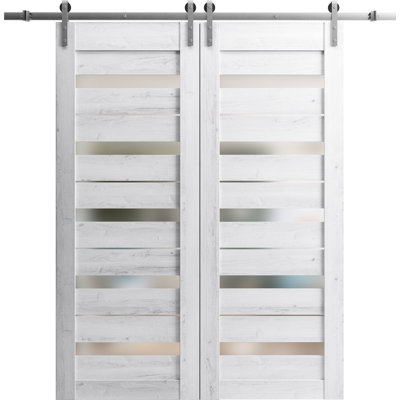 Porte de grange double robuste avec vitrage dépoli Quadro 4445 Blanc nordique, supports de rail de 4 m (13 pi), portes intérieures à panneaux pleins et lourds - 213 cm x 244 cm (84 po x 96 po) (2 x 107 cm x 244 cm) - Rail argenté