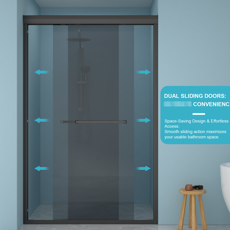 48"W Shower Door, 8Mm Laminated Glass, Matte Black 304 Stainless Steel, Reversible Design, -, 21 Towel Rack Double Sliding Glass Grey Installation, Water-Tight Easy Cleaning