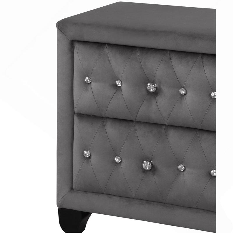 Sophia Modern Style Crystal Tufted 2-Drawer Nightstand Upholstered With Velvet Fabric Made With Wood In Gray, Gray