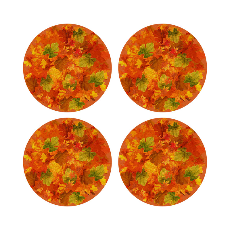 Fallen Leaves Vegan Leather Round Pebble Placemat, Orange