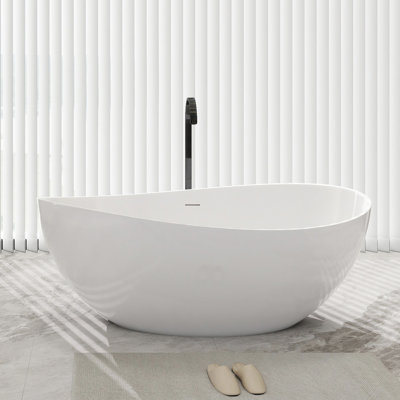 63 In. X 35 In. Freestanding Flatbottom Solid Surface Soaking Bathtub With Drain In Matte White