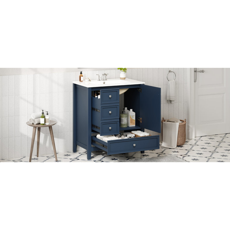 Meuble-lavabo 30 po avec lavabo, une armoire et trois tiroirs, panneau de bois massif et panneau de fibres à densité moyenne, bleu