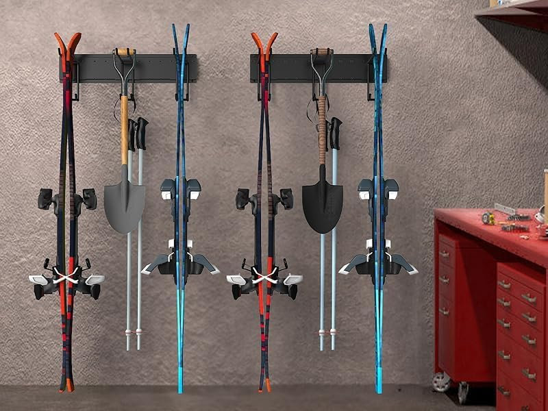 Support de rangement mural pour 2 skis avec 3 crochets, organisateur de ski vertical robuste pour skis, planches à neige, bâtons, lunettes, casques, support de remise de garage intérieur