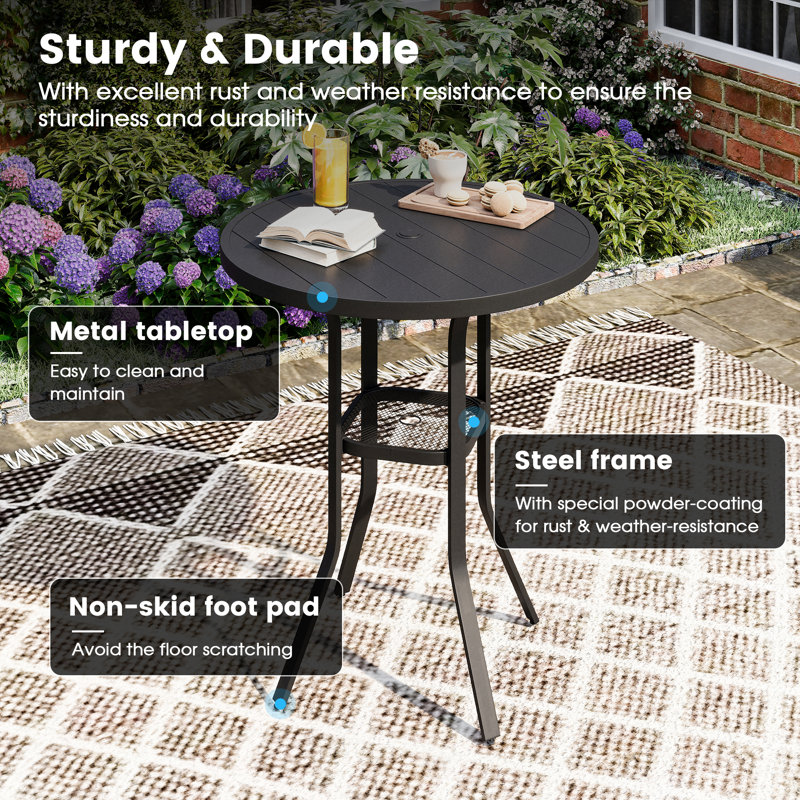 Tieshia Round Metal Outdoor Bar Table With Umbrella Hole , 35.4'' in. W 35.4'' in. D, Black